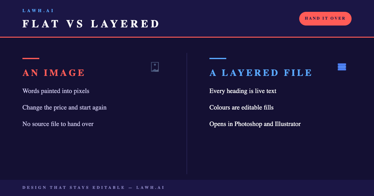 A flat image versus a layered file: words painted into pixels on one side, editable text and fills on the other